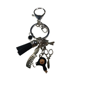 Cosmetology Keychain Silver Tone Brush Hair Dryer Scissors Keychain Purse Clip